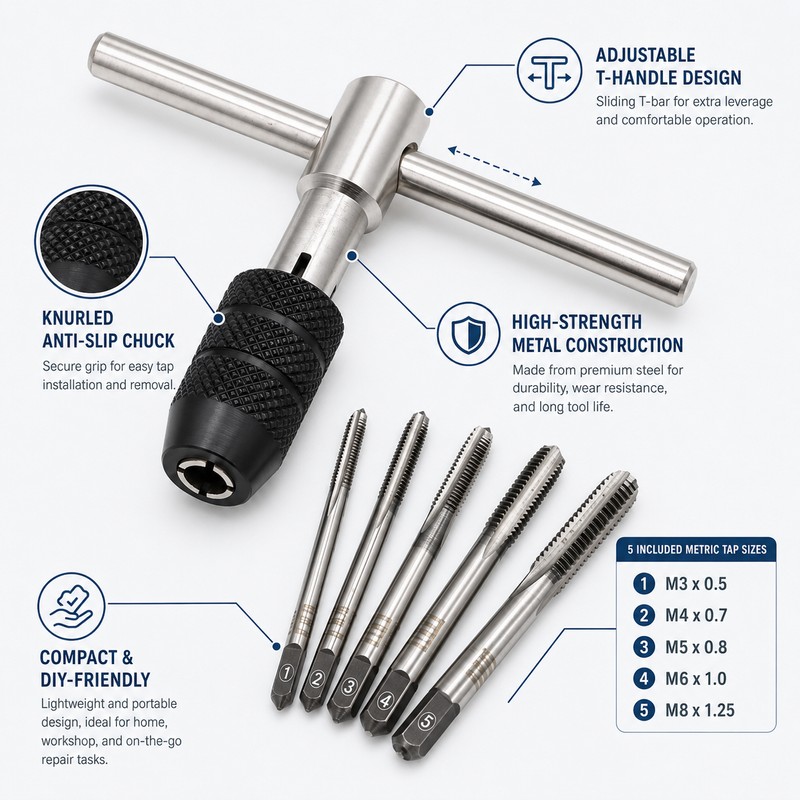 T-Handle Tap Wrench Set for Thread Tapping – 6-Piece Metric