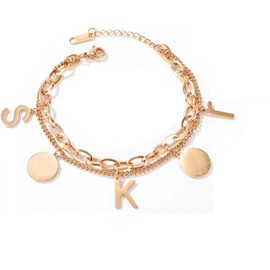 Deelfel Women's Pink Gold Initial Ping Gold 18k Titanium Bracelet Alphabet Round Bangle Simple Fashion Double Chain Bracelet Western Style, Stainless Steel