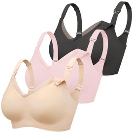 Gailife 3 Pack Nursing Bras for Breastfeeding Seamless V Neck Mesh Maternity Bra Comfort Pregnancy Sleep Bralette - L, Black/Beige/Pink