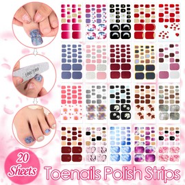 SILPECWEE 20 Sheets Adhesive Toenail Polish Wraps Stickers Flower Marbling Toe Nail Strips Decals for Toes Manicure Accessories for Women 1Pc Nail File