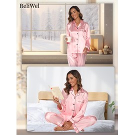 Reliwel Silk Satin Pajamas for Women Long Sleeve Silk Pjs Satin Pajama Set Pants Button Up Pajamas with Pockets Pink