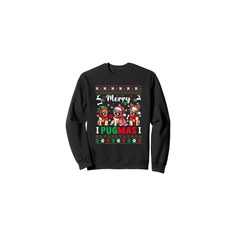 Merry Christmas Three Santa Pugs Colourful Sweater Owner Sweatshirt, black