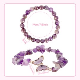 MOTIBACK 2Pcs Amethyst Crystal Bracelet for Women Anxiety Beaded Bracelets with Butterfly Healing Crystal Gemstone Beads Layered Bracelet Gifts For Women