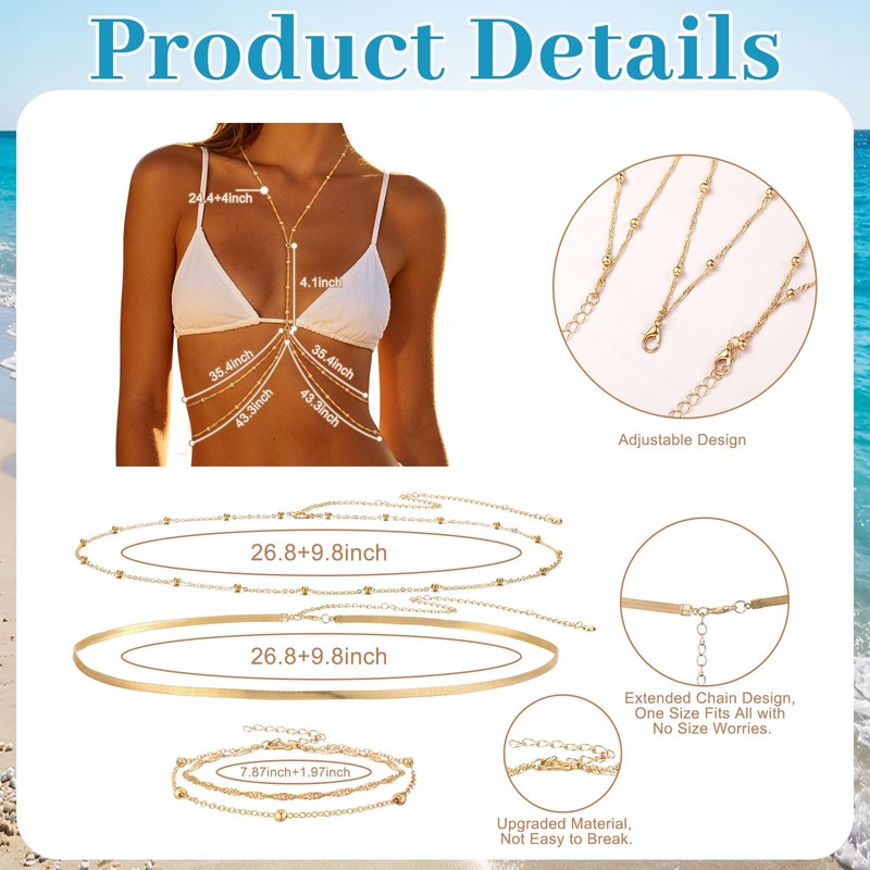 4 Pcs Gold Body Chains Belly Chain Waist Chain Anklets