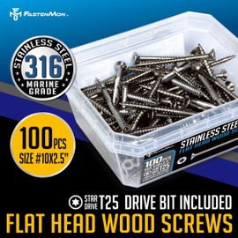 FM FastenMon #10 x 2-1/2" Marine Grade Type 316 Stainless Steel Wood Screws - 300 Pack with T25 Bit – Torx Flat Head Type 17 Point Ideal for Decks, Fences, and Coastal Construction