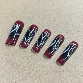 MERVF Long Press on Nails Square Fake Nails Red Black Gradient Glue on Nails Gothic Squoval Acrylic Nails Press ons with Sliver Stripe Design False Nails Glossy 24pcs