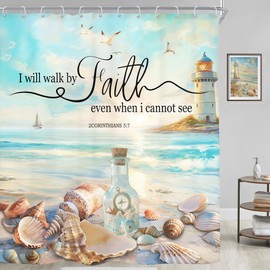 Riyidecor Beach Bible Verse Shower Curtain Hawaiian Ocean Coastal Lighthouse Christian Quote Nautical Scripture 60Wx72H Inch Starfish Seashells Fabric Decor Bathroom Polyester Waterproof 12 Pack Hooks