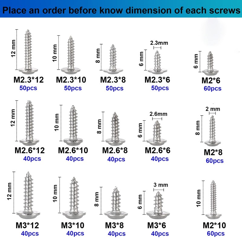 FandWay 700Pcs Phillips Pan Head With Washer Self-Tapping Screws, M2
