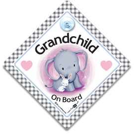 Grandchild On Board Car Sign, Elephant and Rabbit Grandchild On Board Sign, Baby on Board Sign with Suction Cup Attachment for Grandchildren on Board