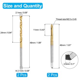 uxcell Tap and Drill Bit Set, 2pcs M2.5 x 0.45 Metric Spiral Point Thread Screw Taps & 2pcs 2.1mm Twist Drill Bits, Titanium Coated HSS-6542 Tapping Threading Tool Kit