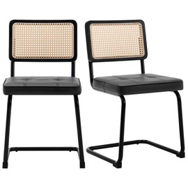 FOREDO Rattan Dining Chairs Set of 2, Mid Century Modern PU Leather Dining Room Kitchen Chairs with Cane Back, Metal Chrome Legs, Upholstered Wicker Armless Accent Chairs, Black