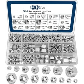 Hmevsafinect 285 PCS SAE Hex Nuts & Locknuts Assortment Kit,Include 4-40,6-32,8-32，10-24,1/4"-20,5/16"-18,3/8"-16,1/2"-13 Hardware Nuts Sets,304 Stainless Steel.