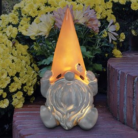 Exhart Garden Gnome, Hear No Evil Peach Hat Solar Garden Statue Sculpture with Grey Stone Finish, 3 LED Lights, Outdoor Lawn and Yard Decoration, 5.5 x 5 x 10 Inch