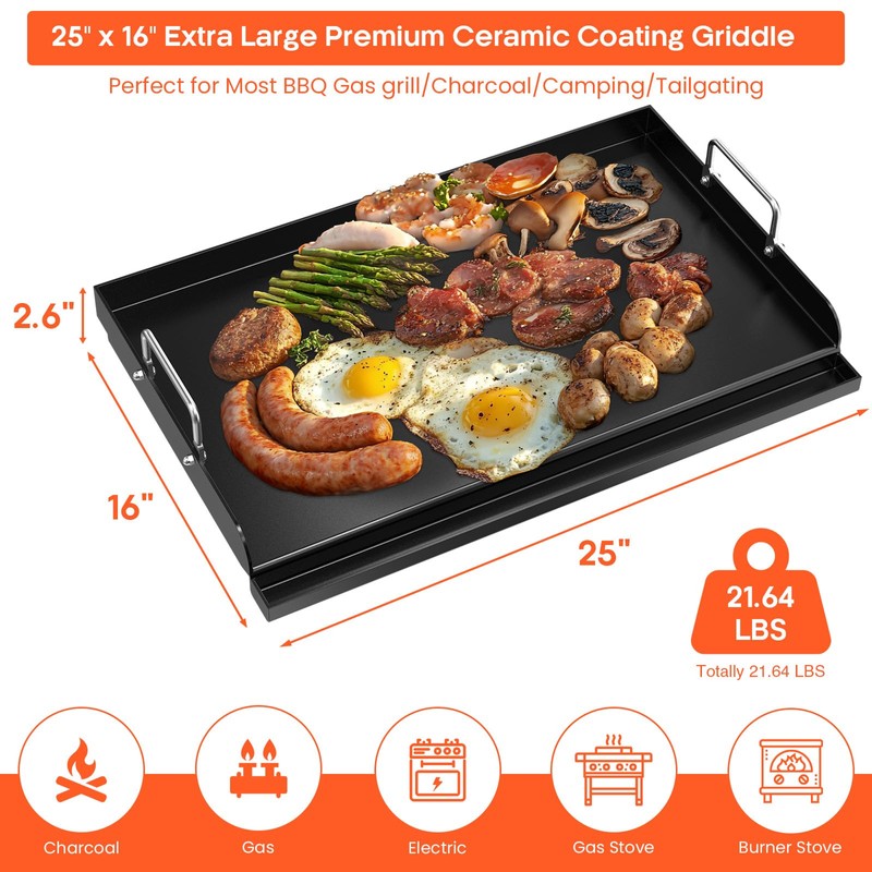 Griddle For Gas Grill, 25" x 16" Large Ceramic Coating
