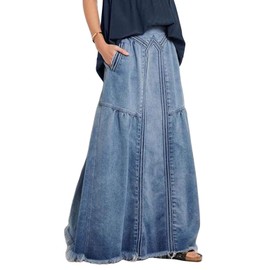 ebossy Women's Casual Elastic Waist Frayed Hem A-Line Distressed Hippie Long Maxi Denim Skirt (Small, Blue)