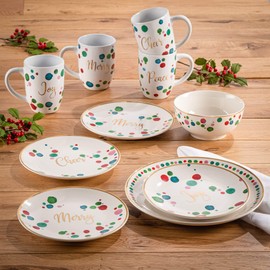 American Atelier Christmas Confetti 16 Piece Round Dinnerware Set, 10.5", Gold/Multicolor