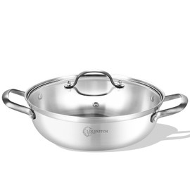 LOLYKITCH 14 Inch Tri-Ply Stainless Steel Sauté Pan with Lid,Everyday Pan,Kadhai,Large Skillet,Jumbo Cooker,Induction Deep Frying Pan,Dishwasher and Oven Safe.(13-3/4 Inch 7 Quarts)