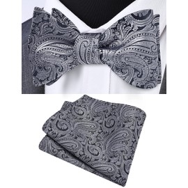 Gusleson Mens Retro Paisley Self Tied Bow Tie for Wedding Silk Woven Gray Black Bow tie Pocket Square Set (UK0652-21)