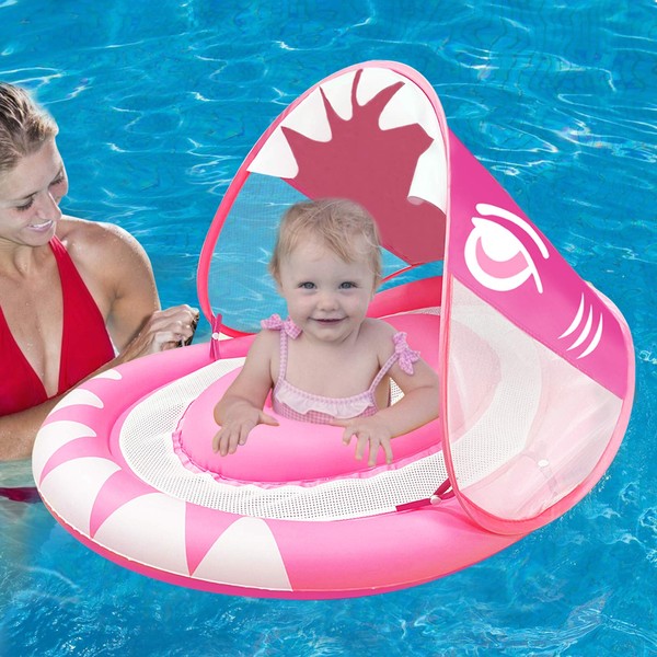 Baby Swimming Pool Float Ring with Removable Sun Canopy Safety Seat, Newest Double Airbag Inflatable Babies Floatie Spring Swim Trainer Newborn Infant Toddler Girls, 6-36 Months (Pink)