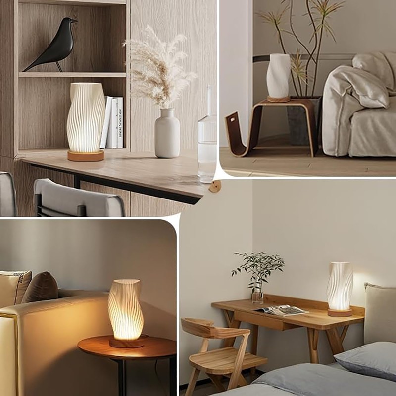 Table Bedside Lamp with Woodbase, Button Control Night Light for