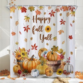CRTPOD Fall Pumpkin Shower Curtain, Autumn Maple Leaves Sunflowers Bathroom Curtains Farmhouse Rustic Wooden Board Thanksgiving Harvest Waterproof Fabric Bathtub Curtain Sets with Hooks, 72x72 Inch