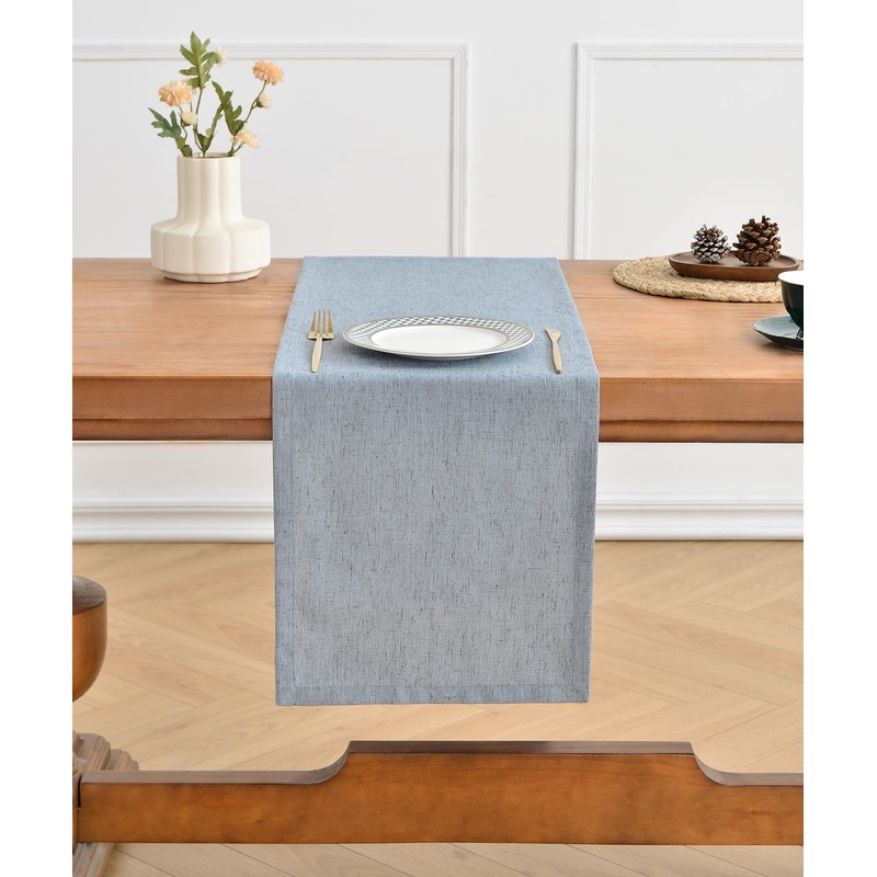 Wracra Linen Style Table Runner, Rustic Farmhouse Chambray Dusty Blue