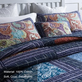 MaiuFun King Quilt Sets, 100% Cotton Quilts King Size, Navy Bedspreads, Patchwork with Retro Paisley Patterns, 3-Piece Lightweight Bedding Coverlet for All Season (1 Quilt + 2 Pillow Shams)