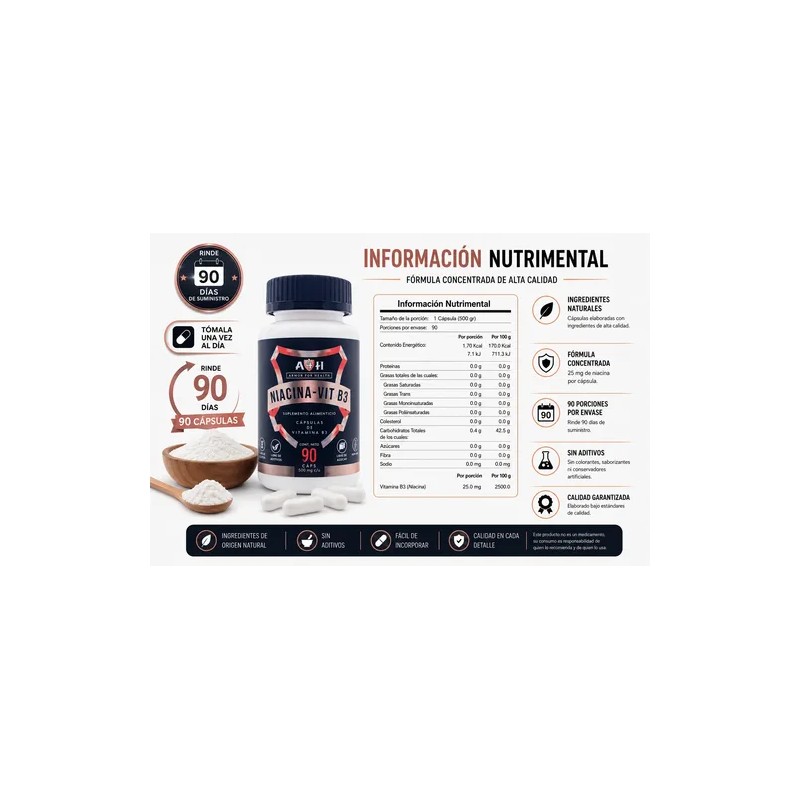 Niacina Vitamina B3 90 Cápsulas Rinde 3 Meses A4h