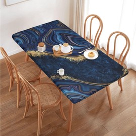 Fiokroo - Mantel de textura de mármol azul con borde elástico para mesa rectangular de 4 pies, mantel lavable para cocina, comedor, fiesta, decoración de pícnic al aire última intervensión, 48