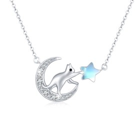 Waysles Cat Moon Star Necklace 925 Sterling Silver Moon Cat Pendant Chain with Star Moonstone Necklace Moon Star Animal Theme Jewellery Gifts for Women Girls Kids