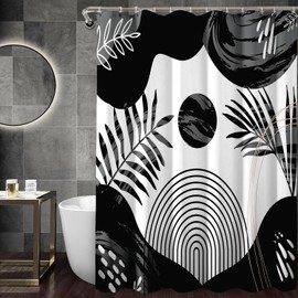 Black Boho Mid Century Shower Curtain, Abstract Black and Grey Arch Sun Bohemian Bathroom Decor, Plant Leaf Chic Print Shower Curtain Machine Washable Waterproof Fabric with 12 Pack Hooks 72Wx72L