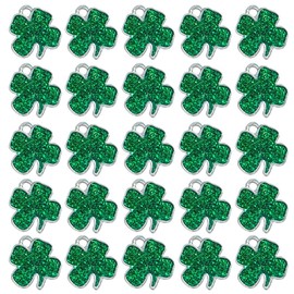 St. Patrick's Day Four Leaf Clover Charm Pendant Lucky Shamrock Assorted Enamel Women Green Sequin Dangle Pendants for Earring Necklace Anklet Bracelet Crafting DIY Jewelry Making Accessories 25 Pack