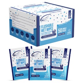 Air Jungles Flushable Wipes Individually Wrapped 50 Ct, On-the-Go Butt Wipe with Aloe Vera & Vitamin E, Travel Size Ultra Soft for Adult and Kid, 97% Water - XL 7 X 7 in, Fresh Scent