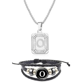 Initial Necklace Bracelet for Men Pendant Chain Letter Initial Necklace Beaded Initial Bracelet Initial Jewelry Sets for Boys O