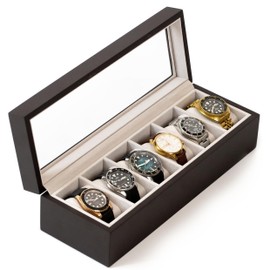 CASE ELEGANCE Solid Espresso Wood Watch Box Organizer with Glass Display Top