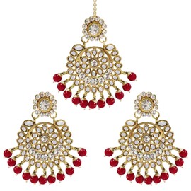 Aheli Exquisite Design Faux Kundan Beaded Earrings Maang Tikka Set Ethnic Indian Jewelry for Women Red