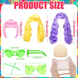 Fingertip WD 36 Pcs Colored Wig Set,12 Pcs Wigs and 12 Pcs Wig Cap Set, Party Wigs with 12 Pcs Heart Shape Sunglasses,Long Curly Wigs Long Wigs,Short Bob Hair Wigs for Bachelorette Neon Party Favors