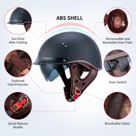 JQF Gear Retro Motorcycle Helmets for Men Women Open Face Helmets Sun Visor Quick Release Buckle MM107 DOT Approved Half Face Crusier Helmet (Matte Black, L)