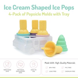 melii Ice Cream Shaped Ice Pops, 4-Pack of Popsicle Molds with Tray, Easy-to-Hold, Easy Release, BPA Free
