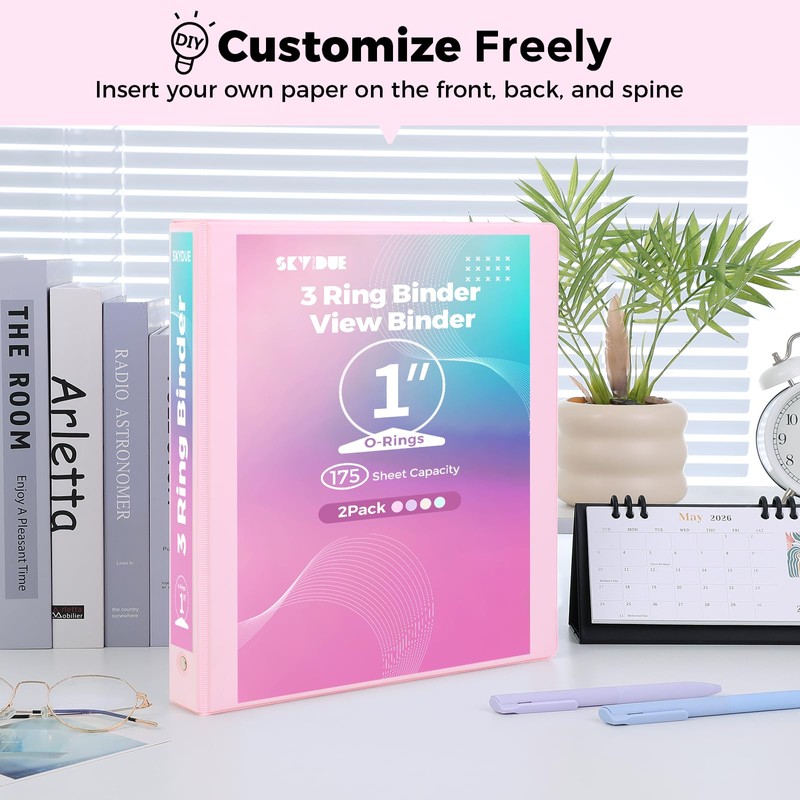 SKYDUE 3 Ring Binder 2 Pack, 1 Inch Clear View