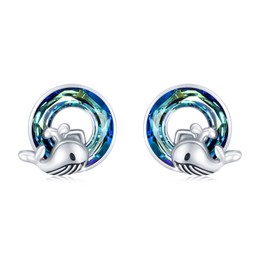 Whale Earrings for Women Sterling Silver Whale Studs with Blue Circle Crystal Earrings Hypoallergenic Whale Jewelry Gifts for Whale Lover Mother's Day