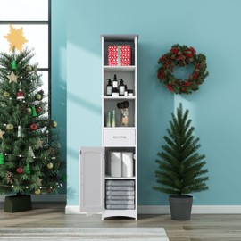 VANIRROR Tall Storage Cabinet, Freestanding Linen Cabinet 13 x 64 Inches, Grey Top Narrow Storage Cabinet, Matte White Finish, Adjustable Shelves, Anti-Fall Drawer Guides