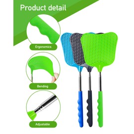 Wapodeai 3 pcs Fly Swatter, Fly Swatters Plastic Telescopic, Large Bug Swatter That Work for Indoor and Outdoor. (Black Blue Green)