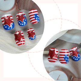 4th of July Press on Nails 24Pcs Glossy Red Glitter Stars Stick on Nail Short Square Acrylic Full Cover False Nail Fourth of July Gel Glue on Fingernails American Flag Fake Nails for Holiday Manicure