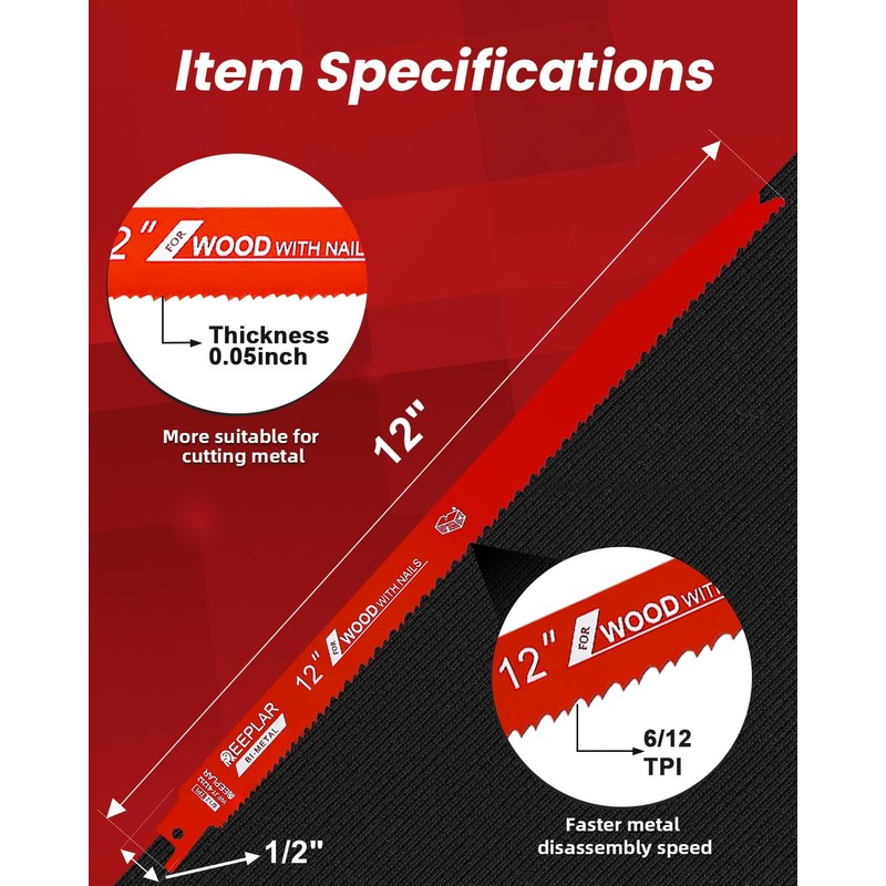 25 Pack 12 Inch 6/12 Tpi Reciprocating Saw Blades for