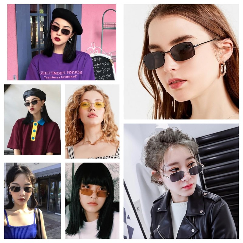RUNHUIS Retro Rectangle Sunglasses Vintage Slim Metal Frame Rectangular Sun