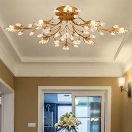 LightInTheBox Vintage Brass Crystal Branch Chandelier Flush Mount Crystal Ceiling Lights Fixture Tree Leaves Pendant Light for Living Room Dining Room Bedroom