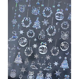 Unikato Nail Stickers Christmas Nail Stickers 5D Relief Nail Art Stickers Manicure Stickers DIY Gel Nail Snowflake Christmas Tree Deer Snowman Christmas Ball Hot Silver Stamping (Aurora Silver)