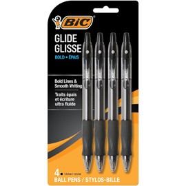 BIC Glide Bold Ballpoint Pen, Retractable, Bold 1.6 mm, Black Ink, Translucent Black Barrel, Pack of 4