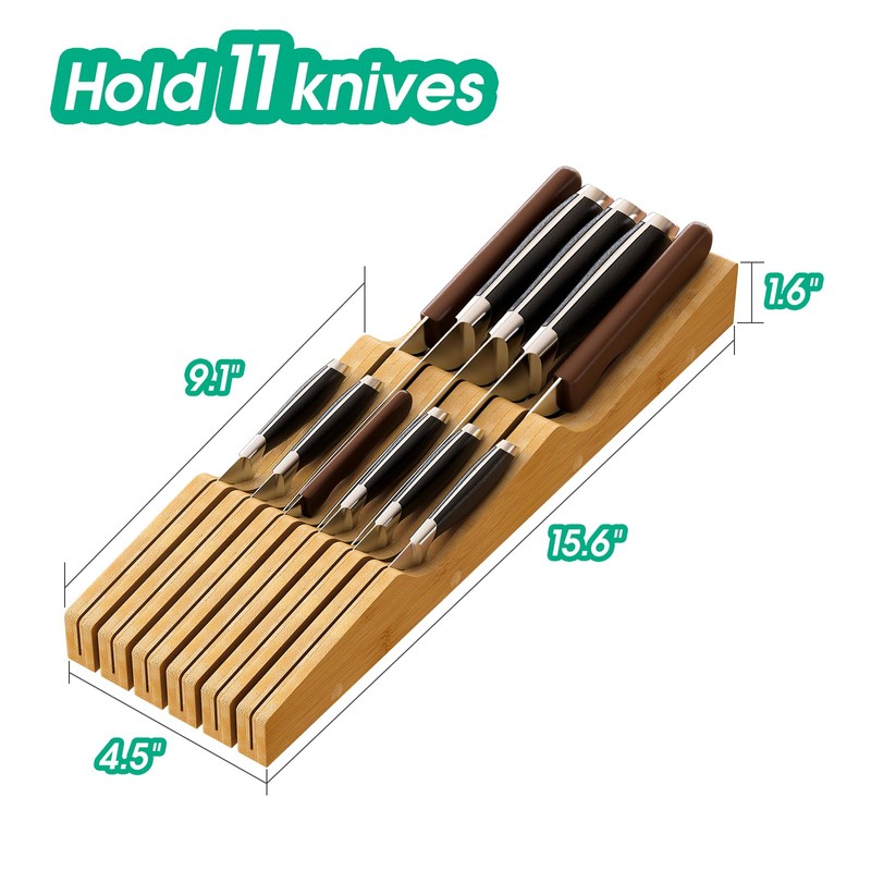 Knife Drawer Organizer Insert, Bamboo Wood Knife Holder, Knife Block